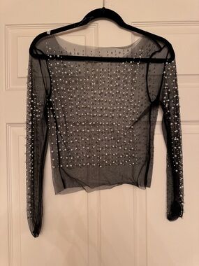 Sheer Mesh Black Pearl-Embellished Long-Sleeve Top